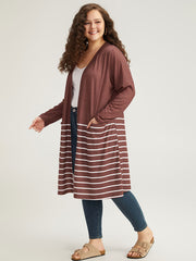 Striped Contrast Pocket Open Front Kimono