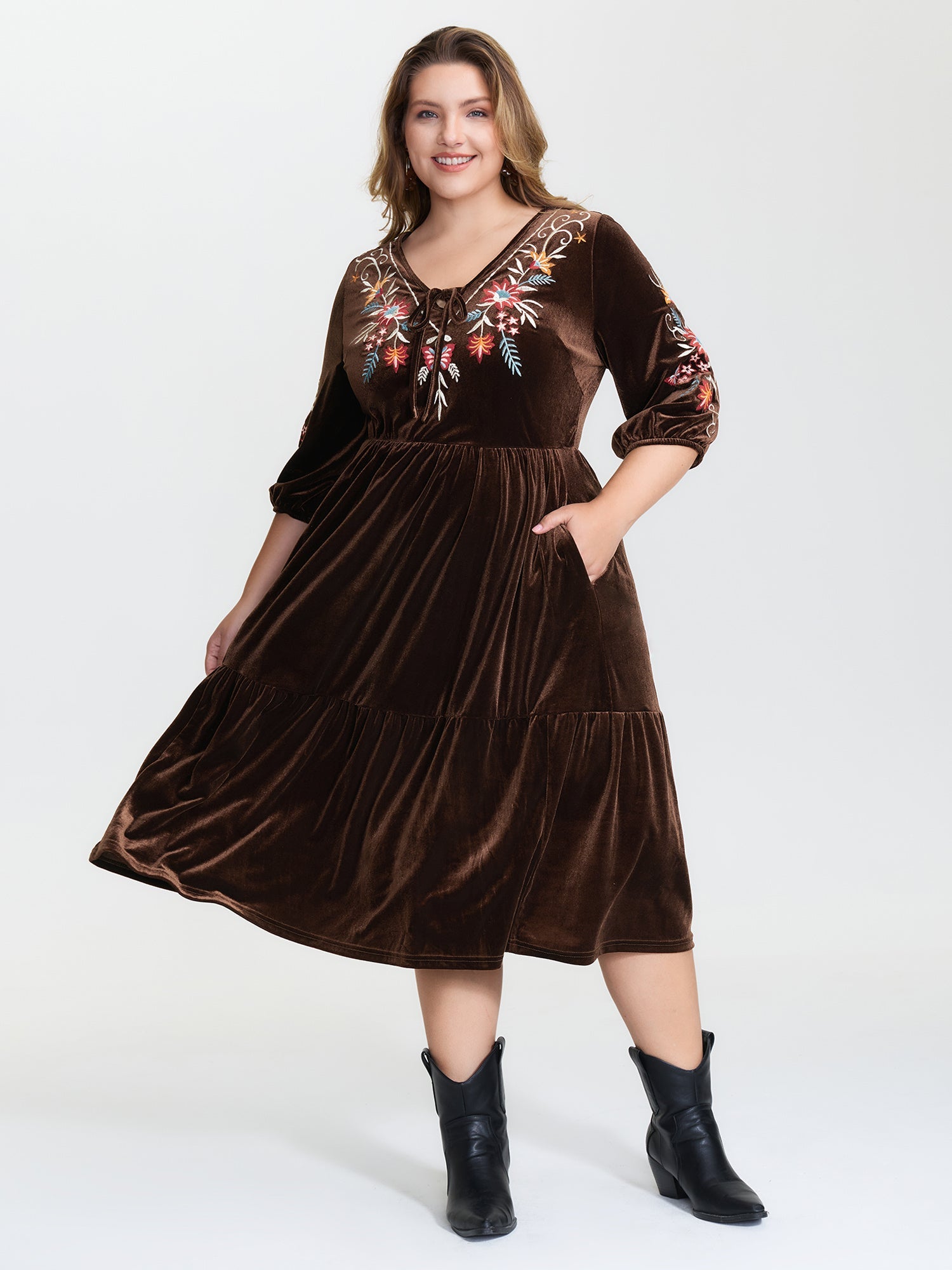 Floral Embroidered Stretchy Waist Pockets Midi Dress