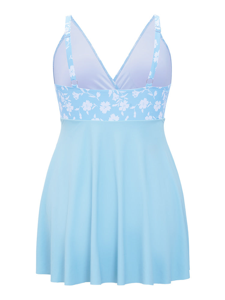 Floral Patchwork Ruffle Trim Knot Front Swim Dress