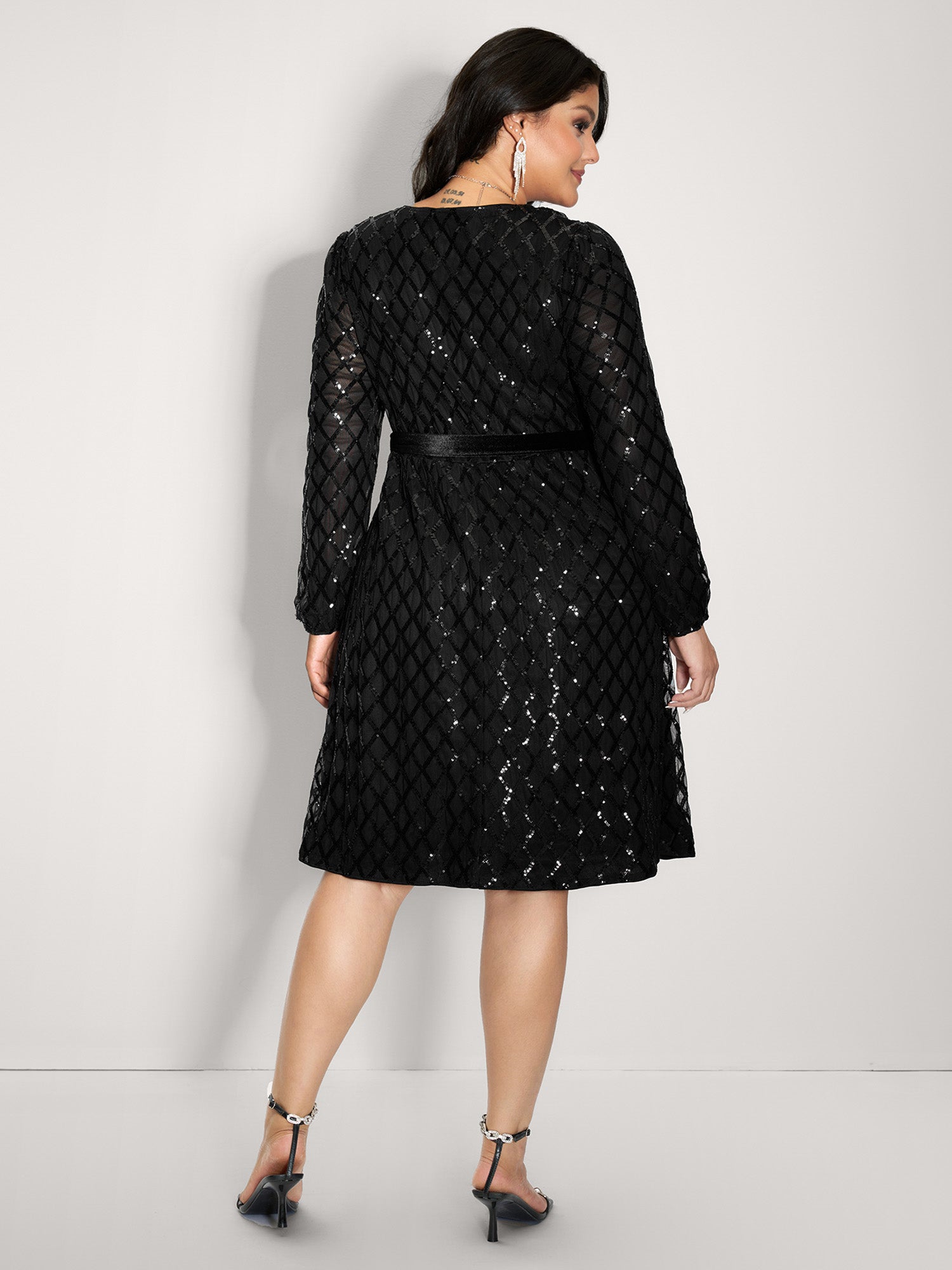 Sheer Sequin Belted Stretchy Waist Midi Dress