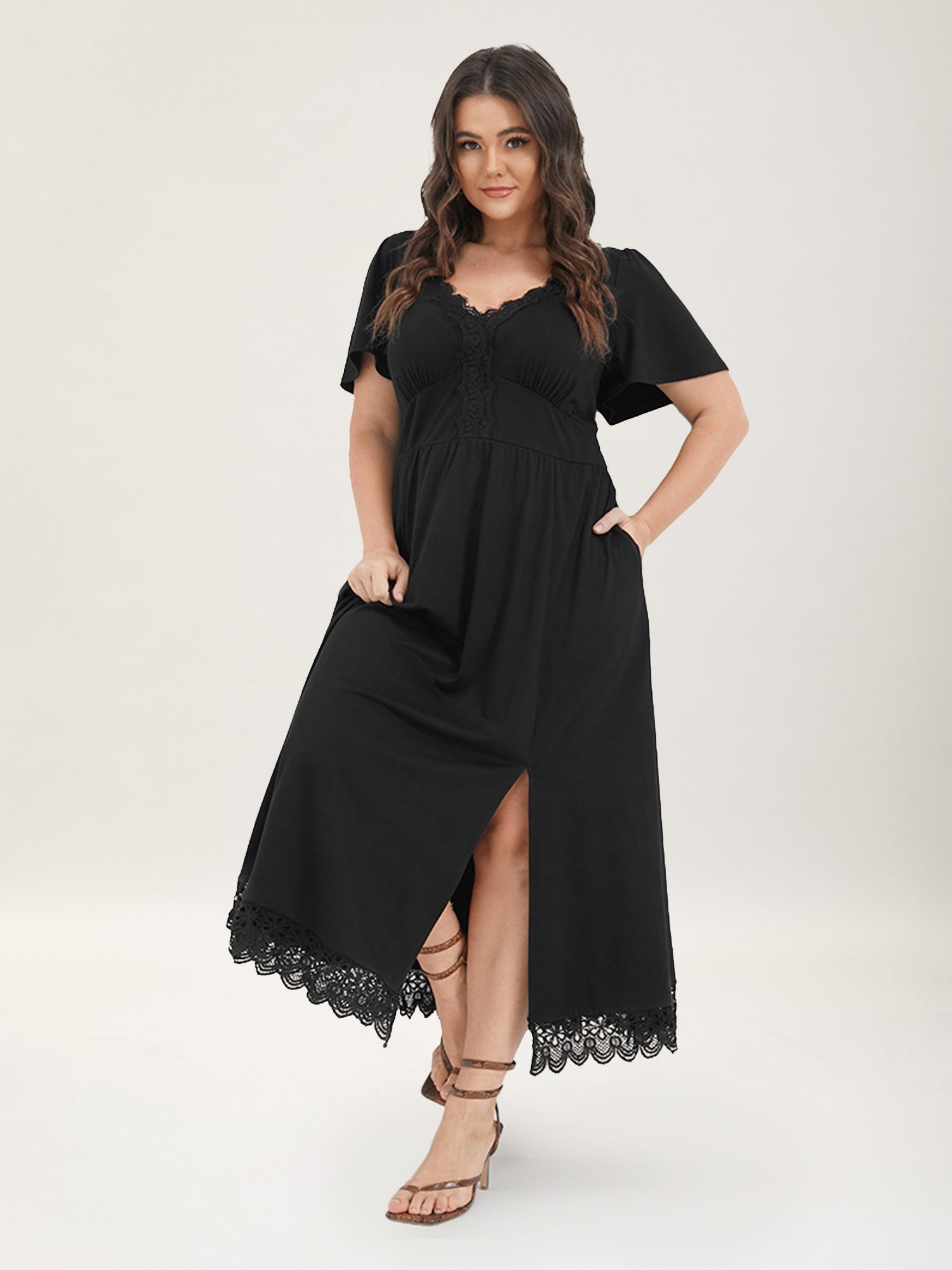 Solid Pocket Contrast Lace Split Maxi Dress