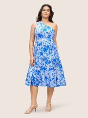 Silhouette Floral Print One Shoulder Belted Dress