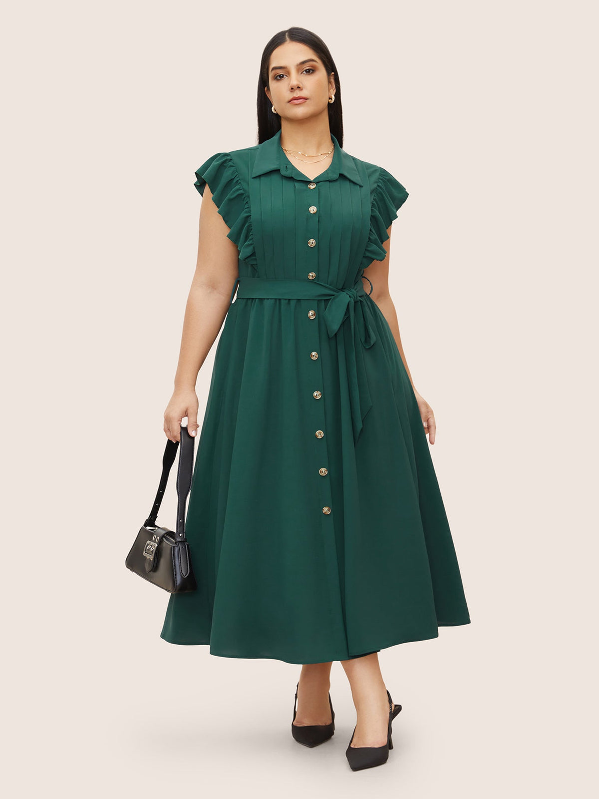 Shirt Collar Solid Pleated Ruffle Cap Sleeve Dress