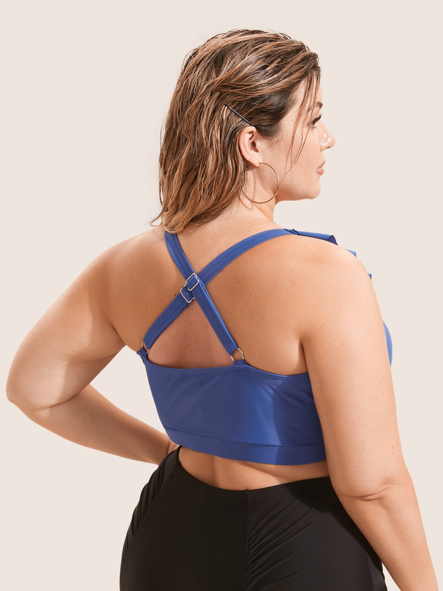 Plain Keyhole Ruffle Trim Swim Top