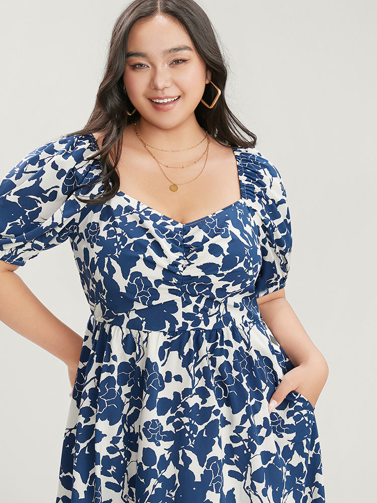 Floral Print Pocket Puff Sleeve Ruched Pocket Ruffle Hem Dress