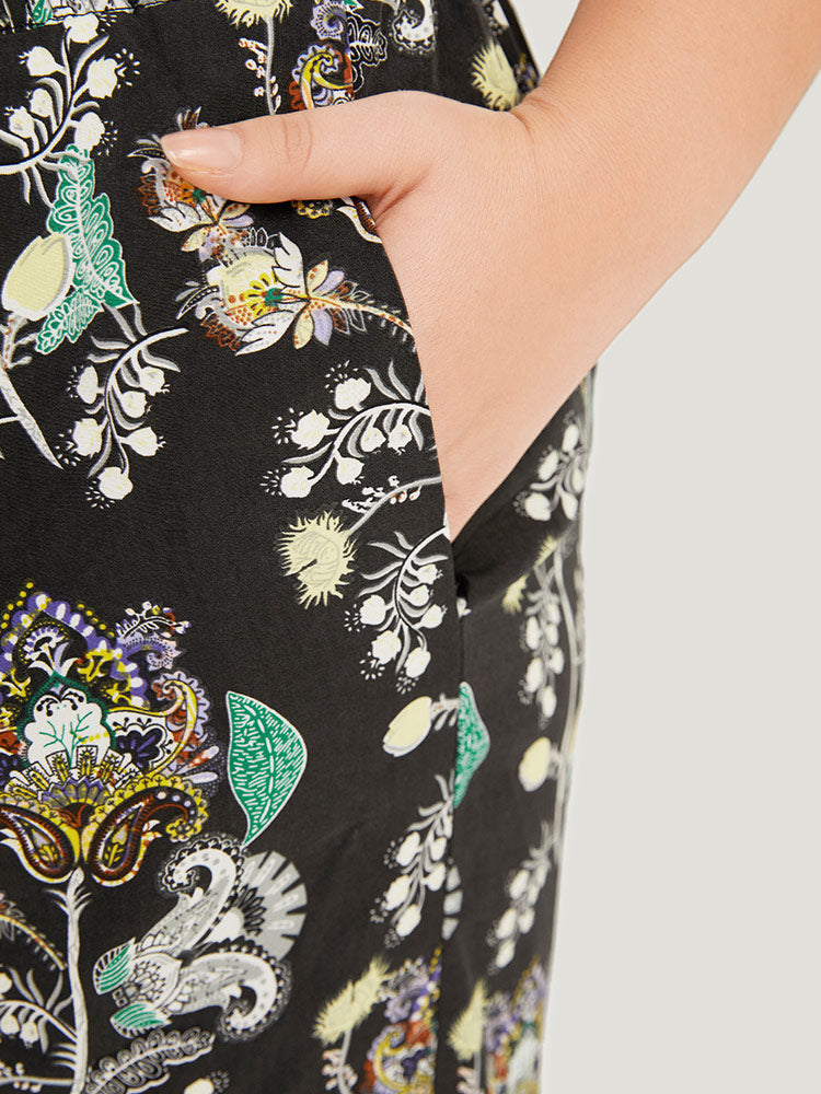 Floral Print Shirred Bootcut Ties Pocket Pants