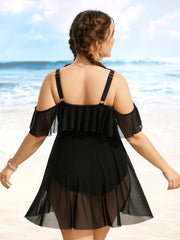 Solid Ruffle Trim Patchwork Mesh Swim Dress