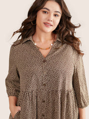 Heart Print Lapel Collar Button Detail Knee Dress