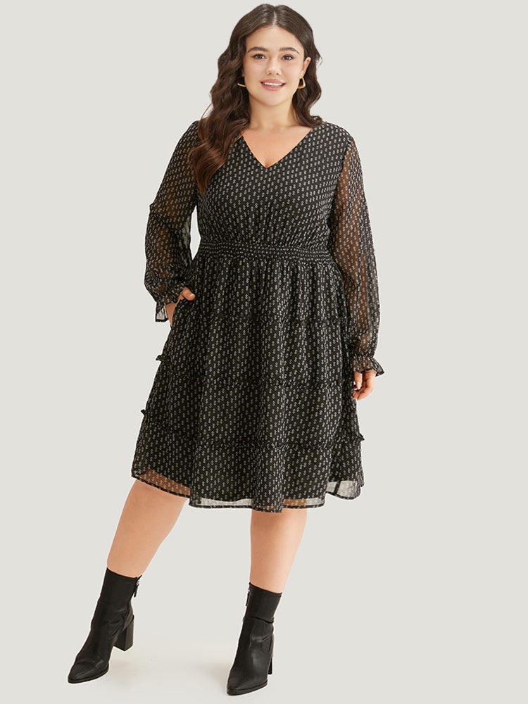 Geometric Shirred Mesh Frill Trim Dress