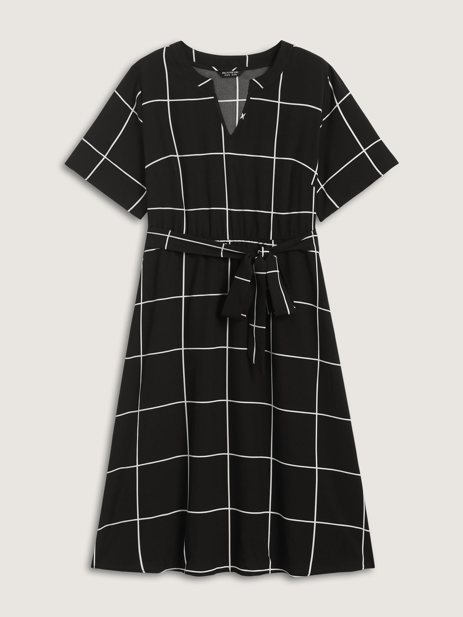 Checkered Print Belted Pockets Midi Dress