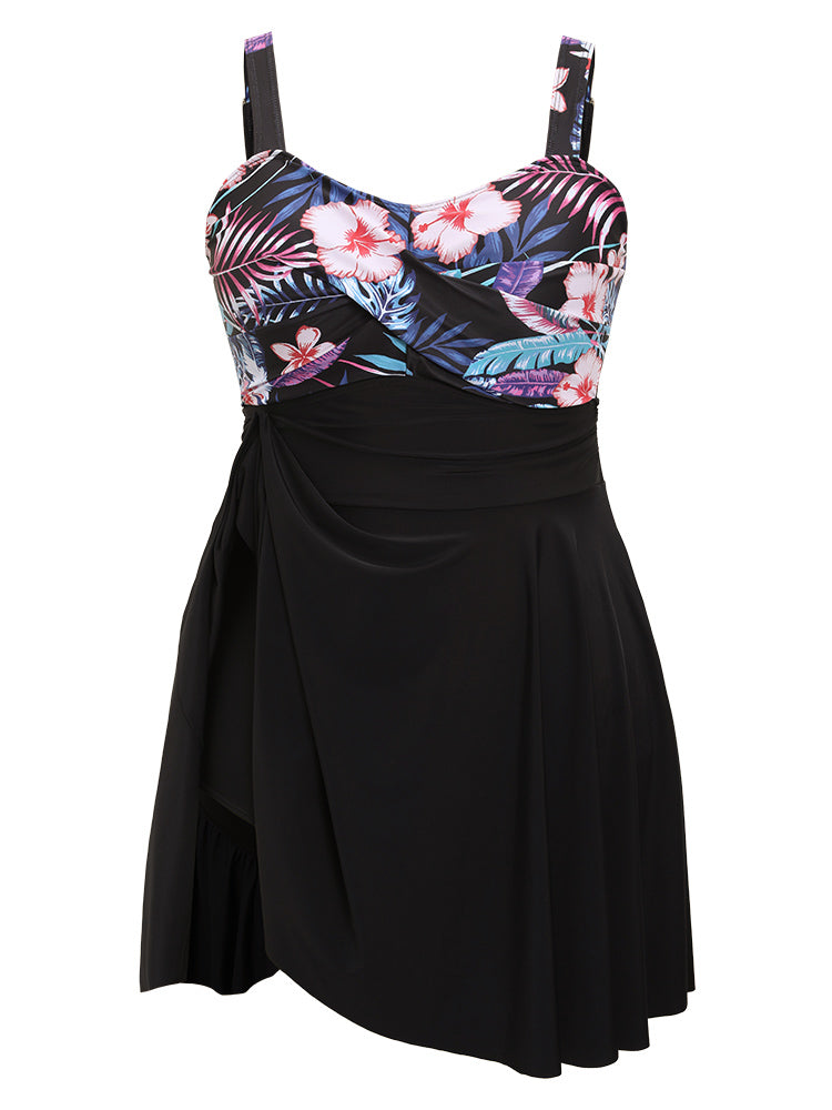 Floral Patchwork Flutter Hem Empire Waist Swim Dress