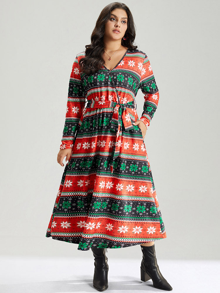 Snowflake Print Contrast Belted Surplice Neck Dress