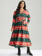 Snowflake Print Contrast Belted Surplice Neck Dress