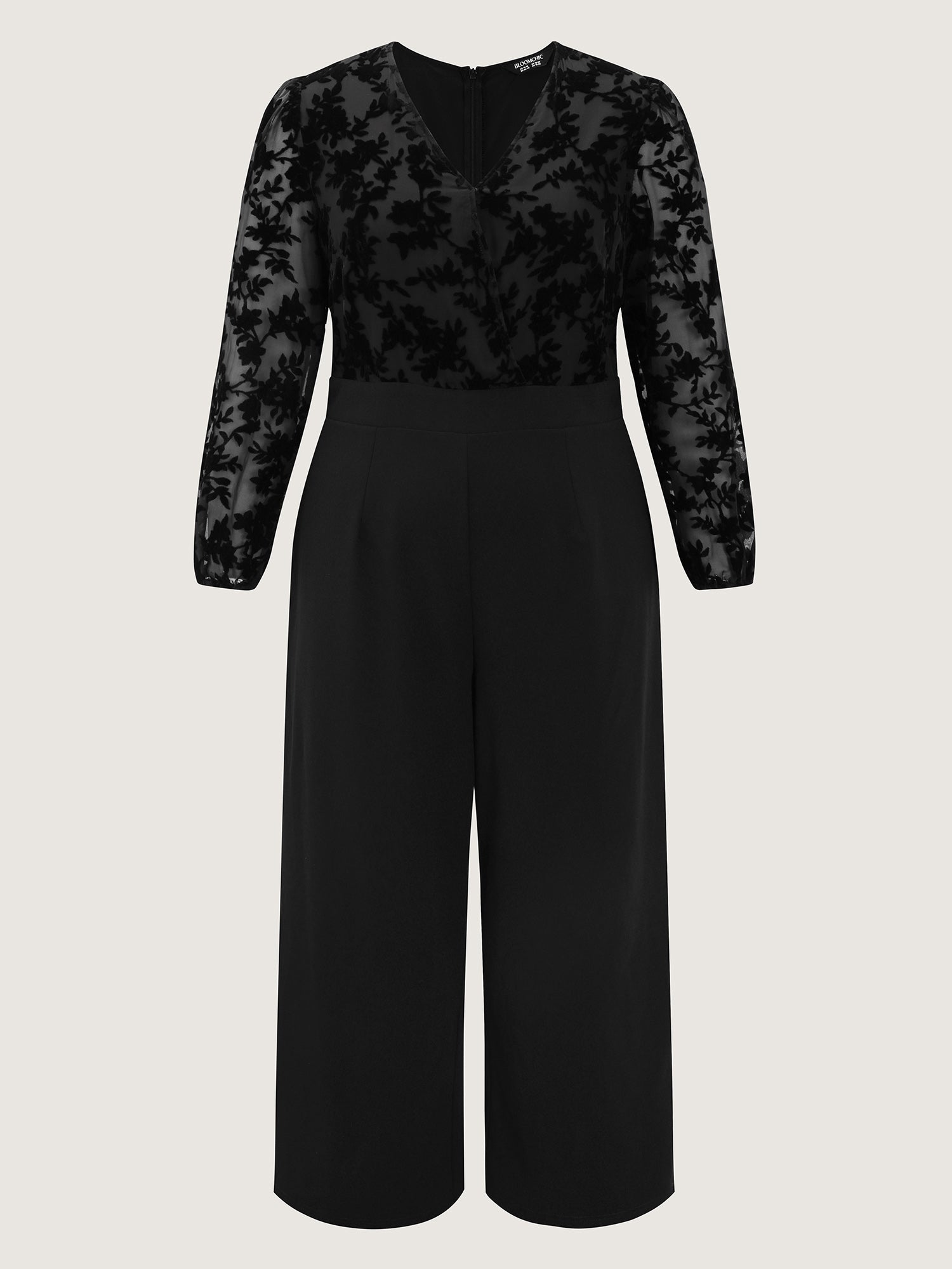 Floral Mesh Sleeve Surplice Flared Jumpsuit