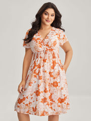 Shirred Neck Floral Print Midi Dress