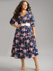 Floral Print Shirred Elastic Cuffs Dress