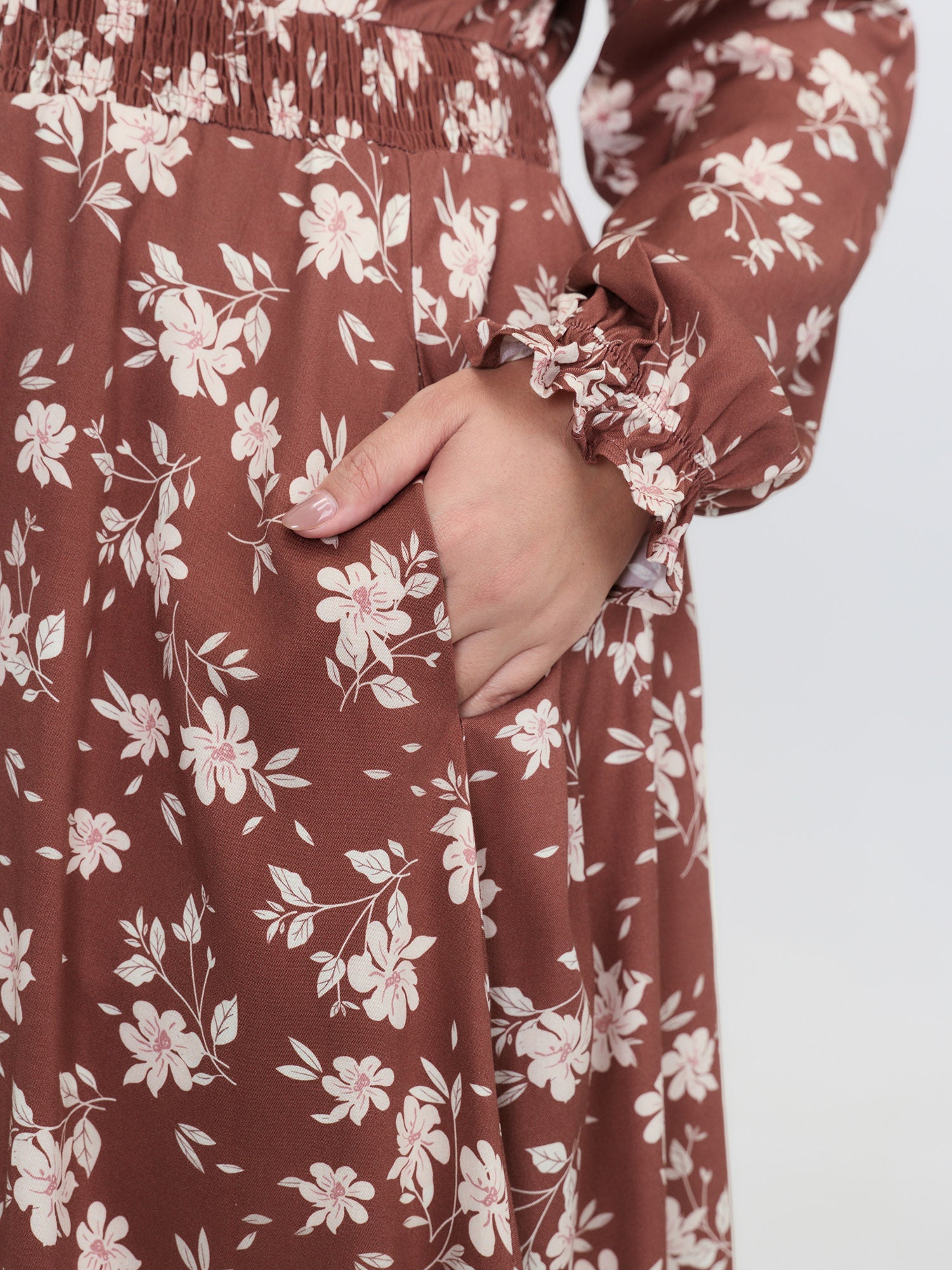 Floral Print Shirred Waist Rayon Midi Dress