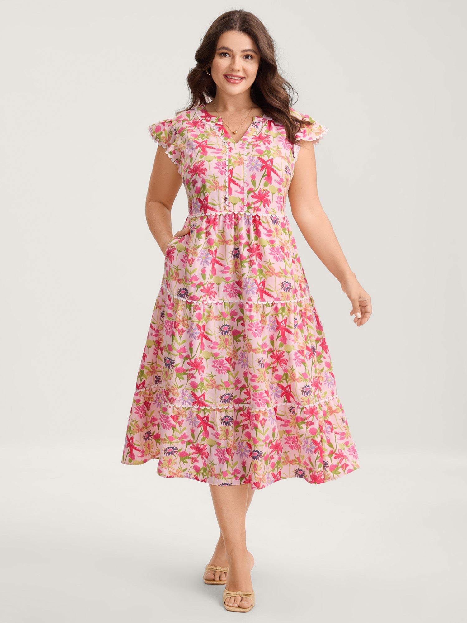 Floral Color Block Lace Trim Midi Dress