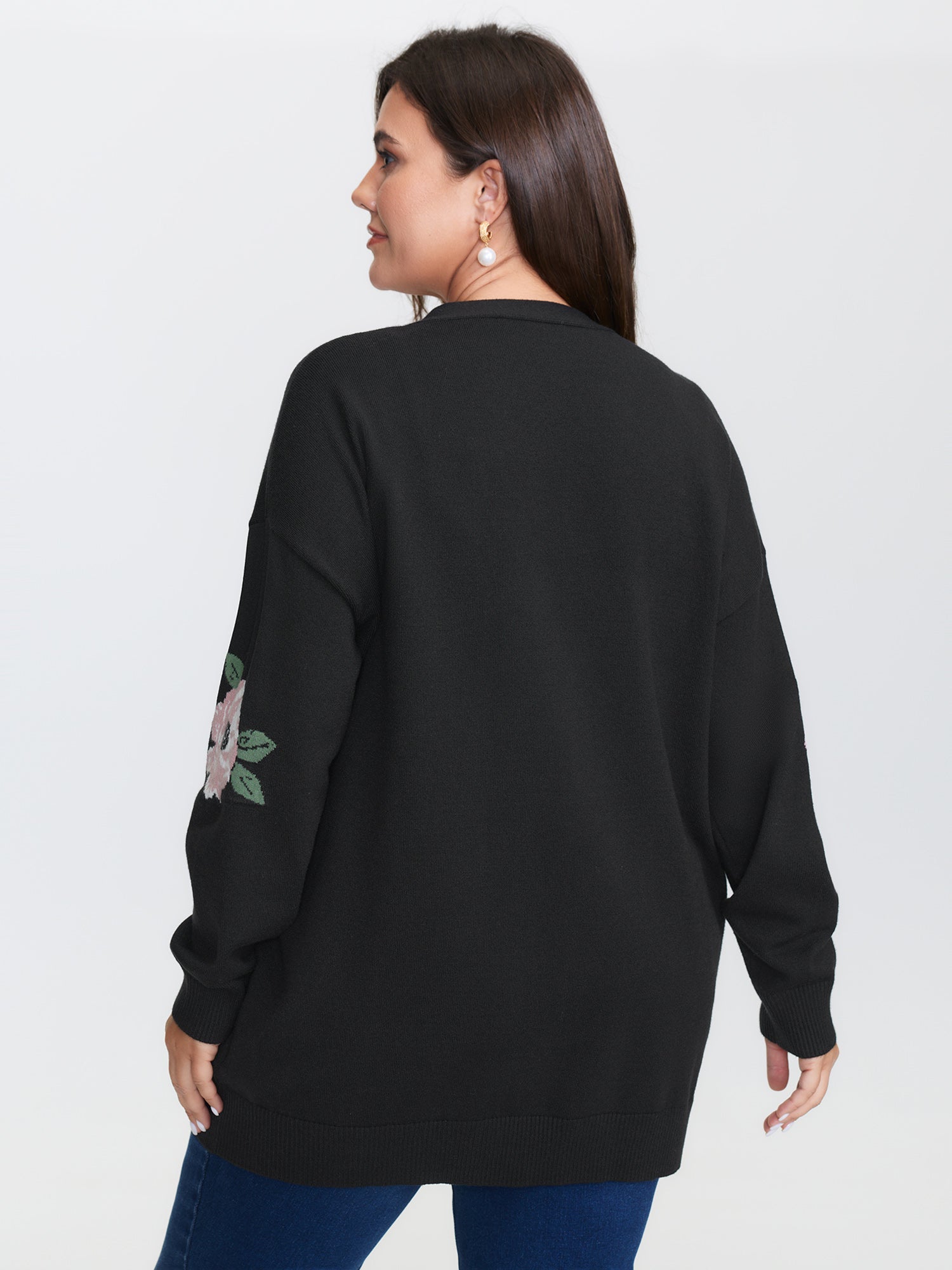 Floral Jacquard Pattern Pockets Knit Cardigan