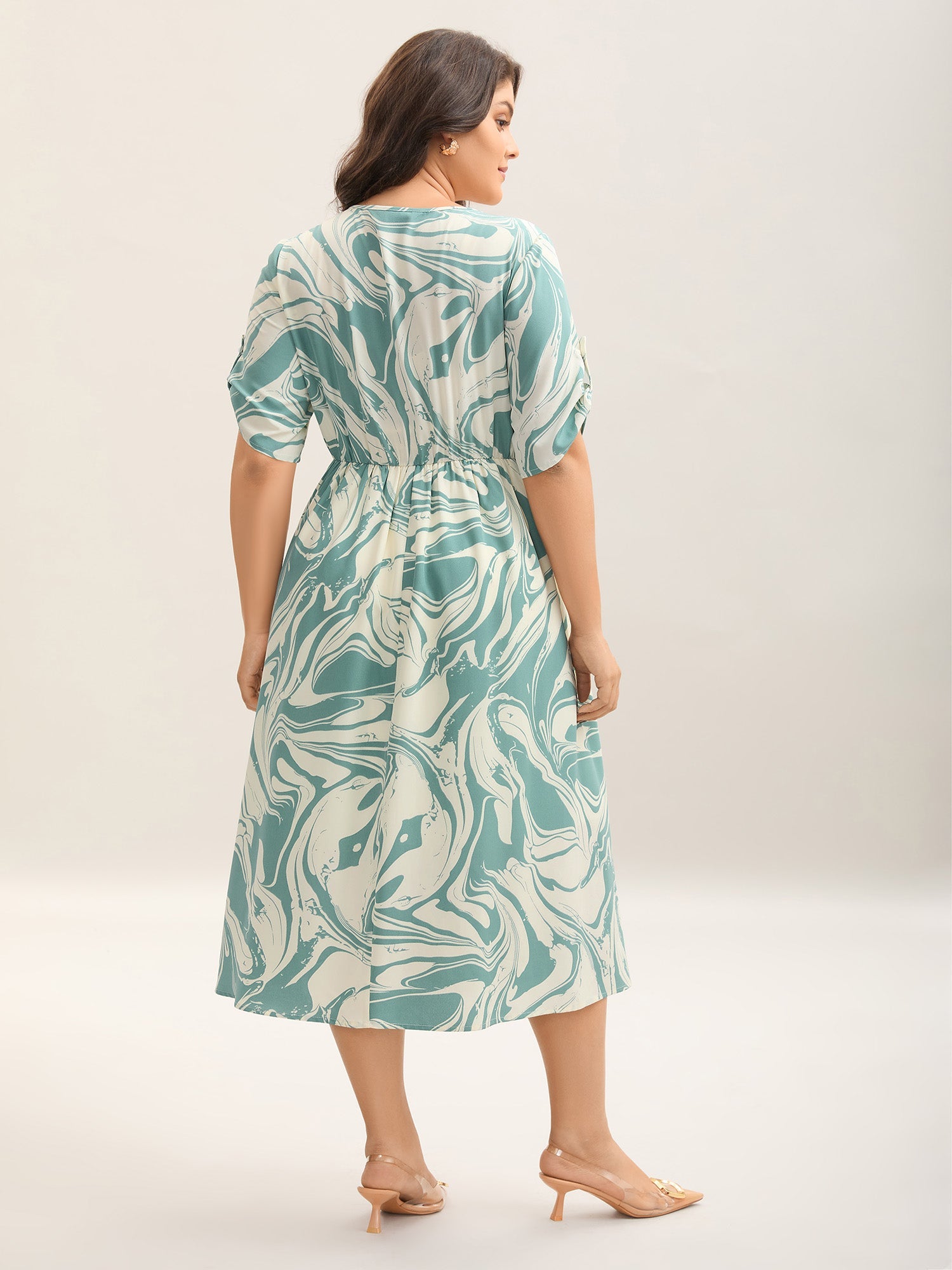 Abstract Print Gathered Sleeve Midi Dress