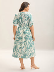 Abstract Print Gathered Sleeve Midi Dress
