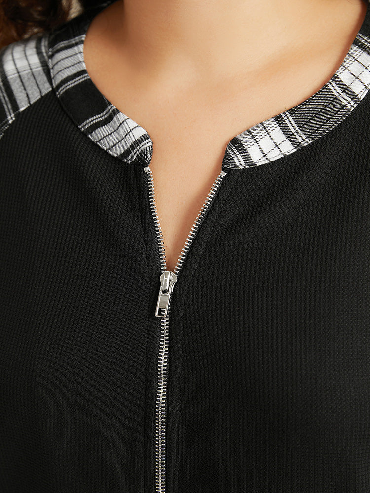 Plaid Patchwork Pocket Zipper Fly Jacket