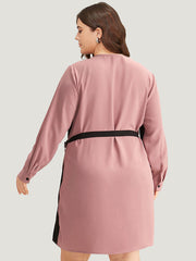 Twill Two Tone Metal Button Up Belted Dress