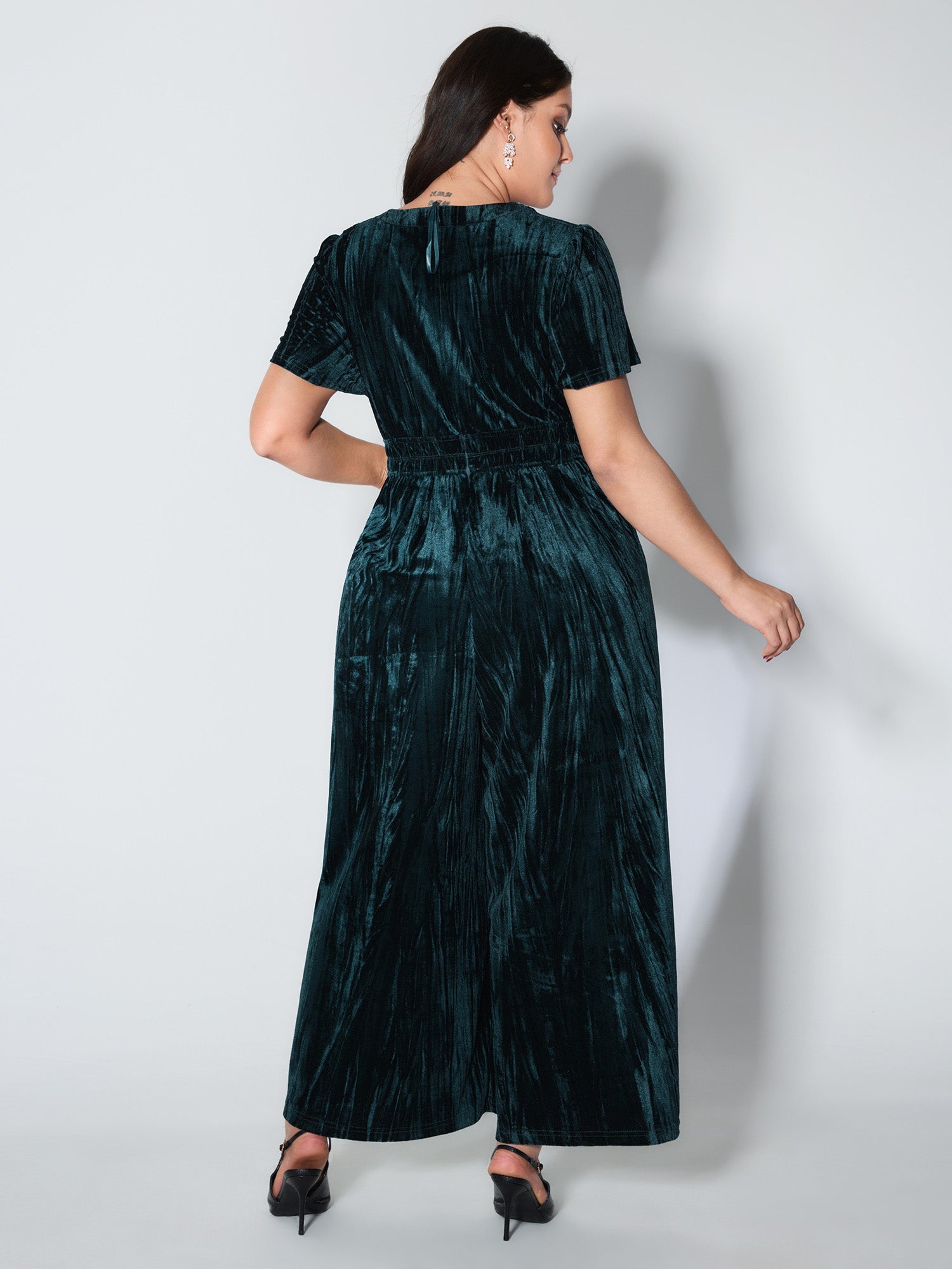 Velvet Pleated Waist Notched-Collar Jumpsuit