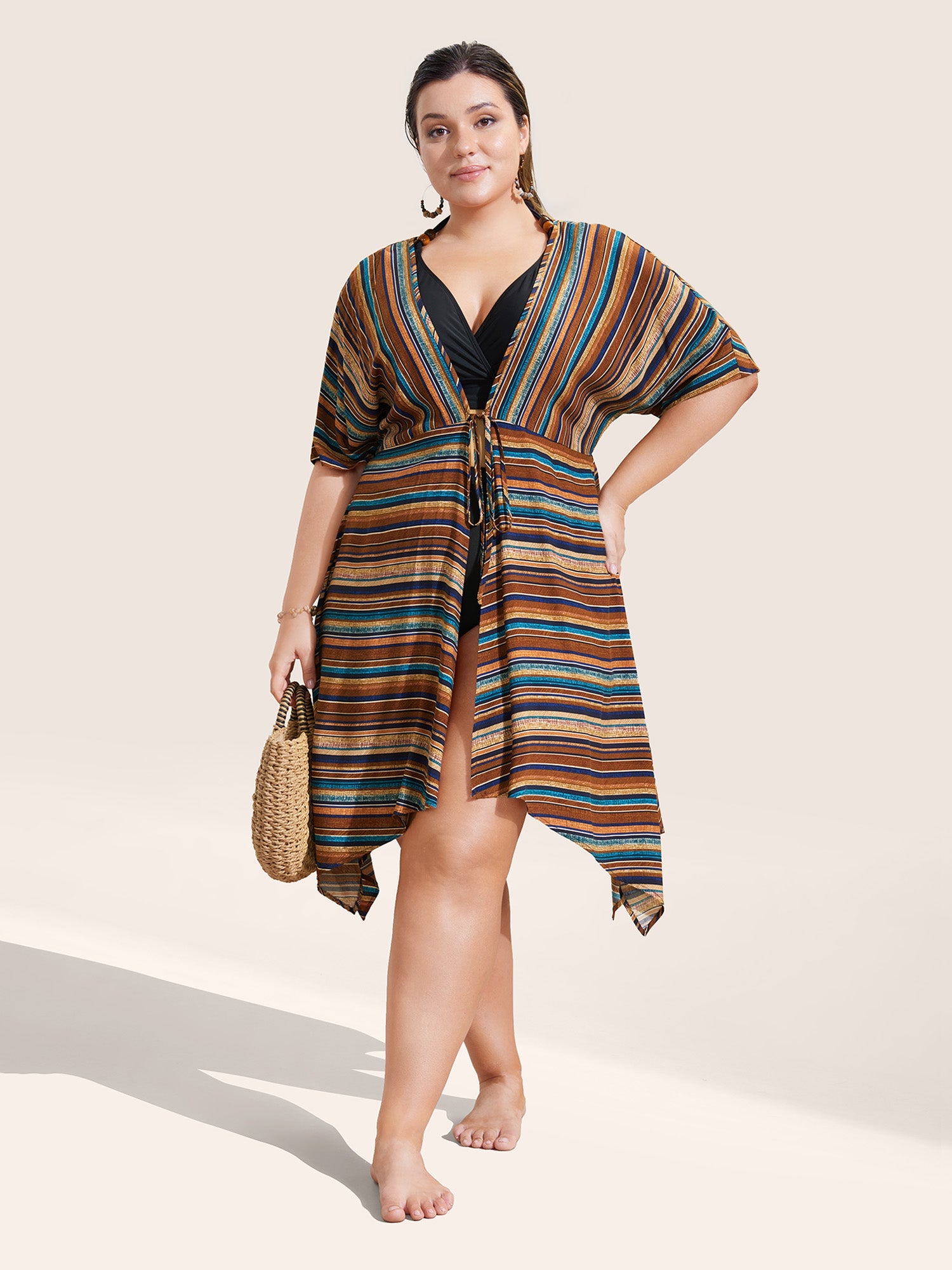 Colored Striped Cross Straps Asymmetrical Hem Kimono