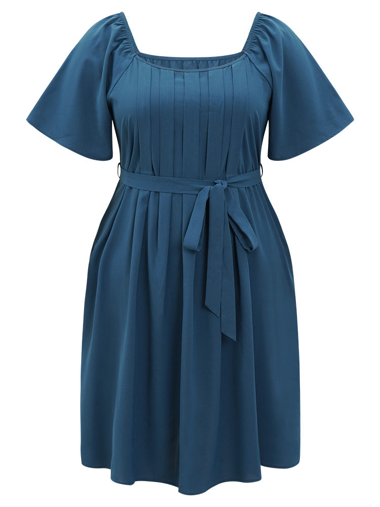 Plain Pocket Belted Pleated Raglan Sleeve Dress