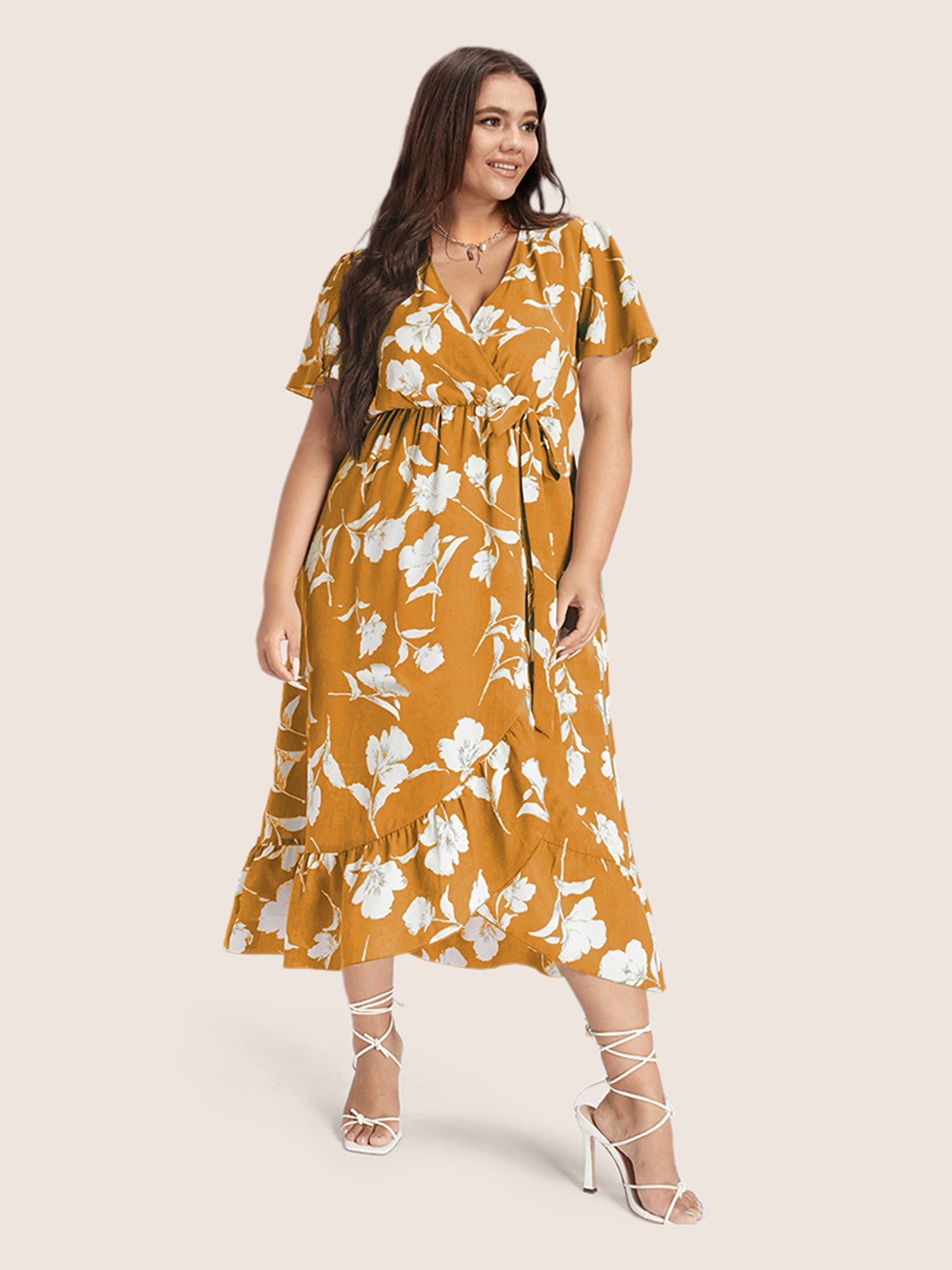 Floral Ruffle Knot Side Wrap Dress