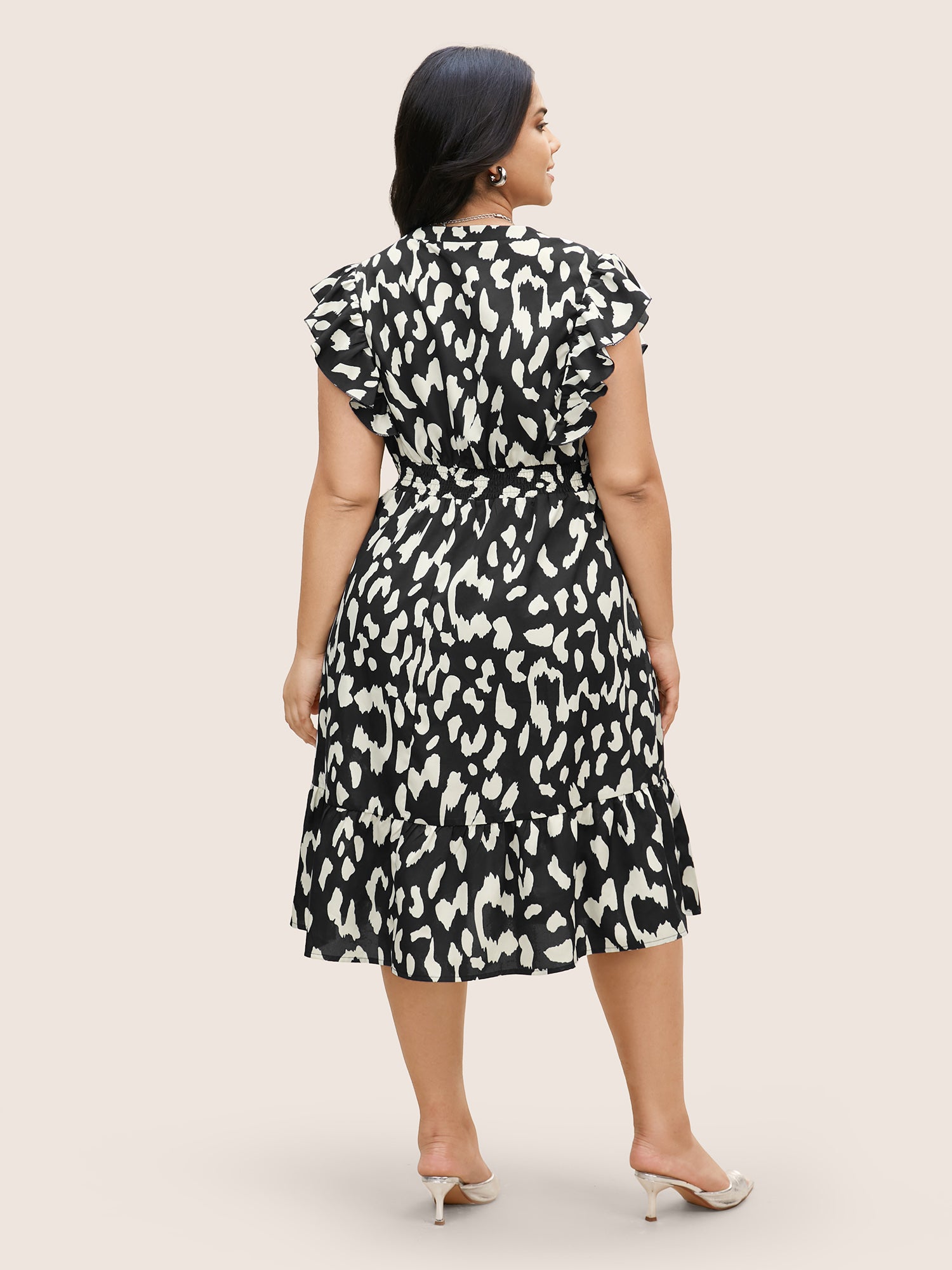 Notched Leopard Print Cap Sleeve Ruffles Dress