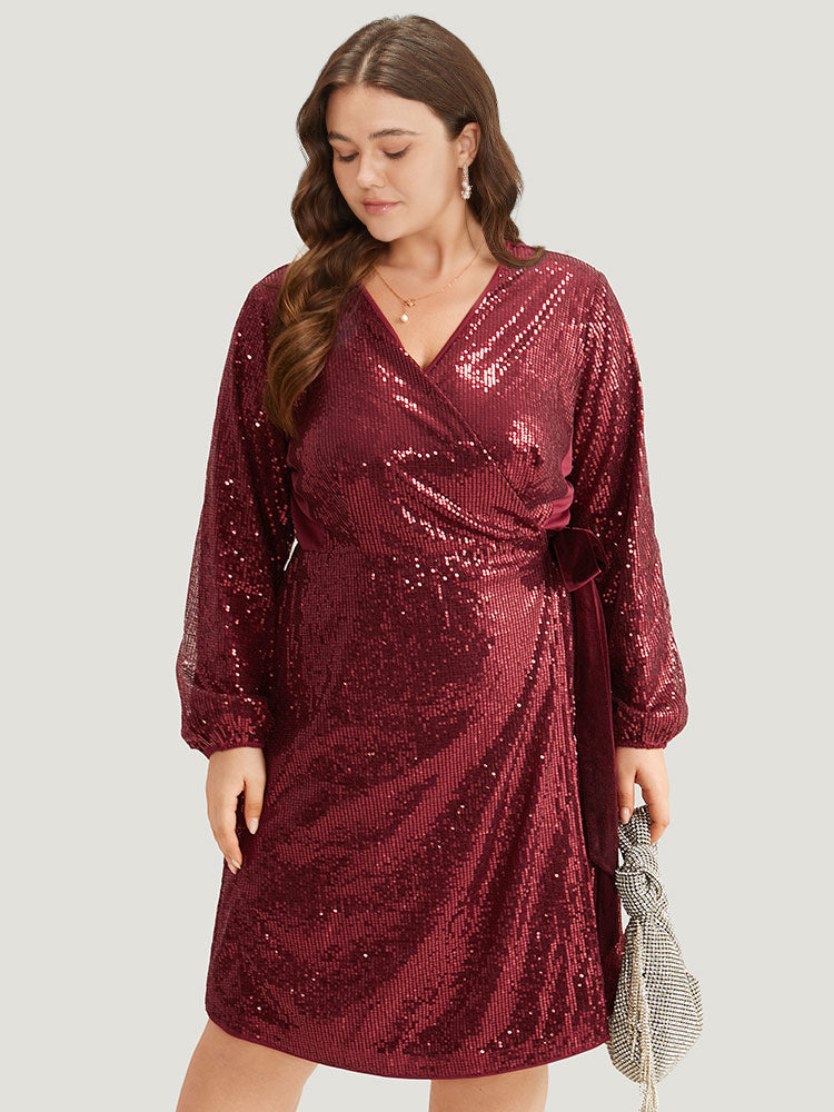 Sequin Ties Side Surplice Neck Lantern Sleeve Dress