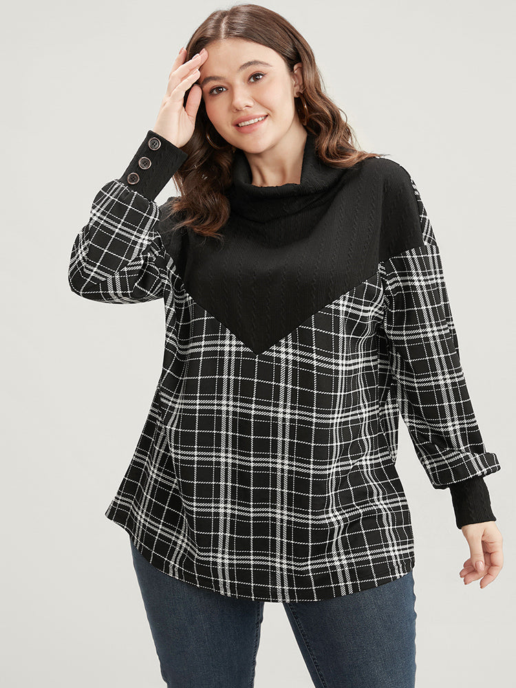 Plaid Patchwork Button Detail Funnel Neck Sweatshirt