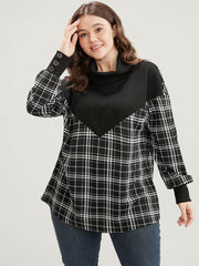 Plaid Patchwork Button Detail Funnel Neck Sweatshirt