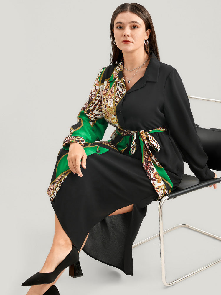 Chain Print Shirt Collar Pocket Split Belted Button Up Dress