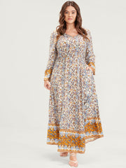 Floral V Neck Bell Sleeve Split Pocket Ruffles Maxi Dress