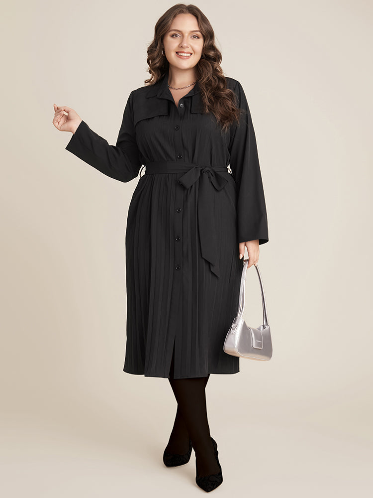 Solid Belted Pleated Shirt Collar Dress