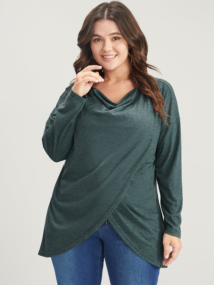Solid Cowl Neck Asymmetrical Hem Long Tee