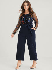 Solid Pocket Embroidered Mesh Sleeve Knotted Jumpsuit