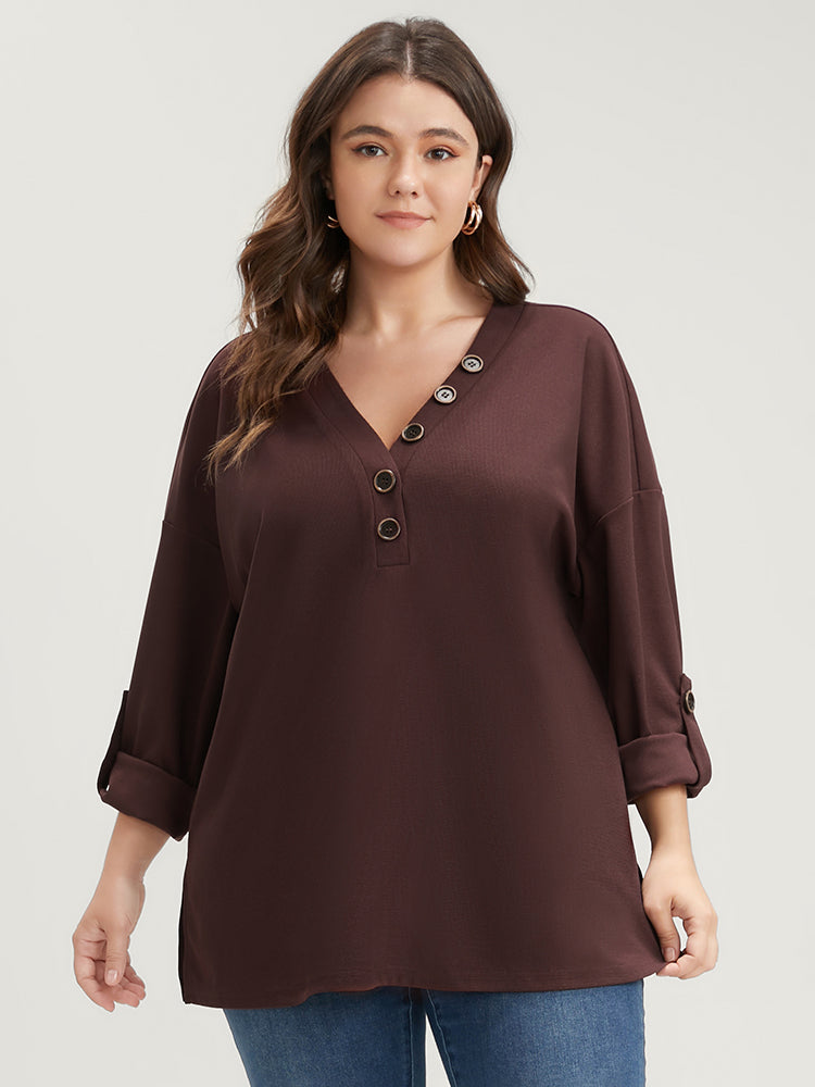 Solid Cuffed Sleeve Split Hem Long Tee