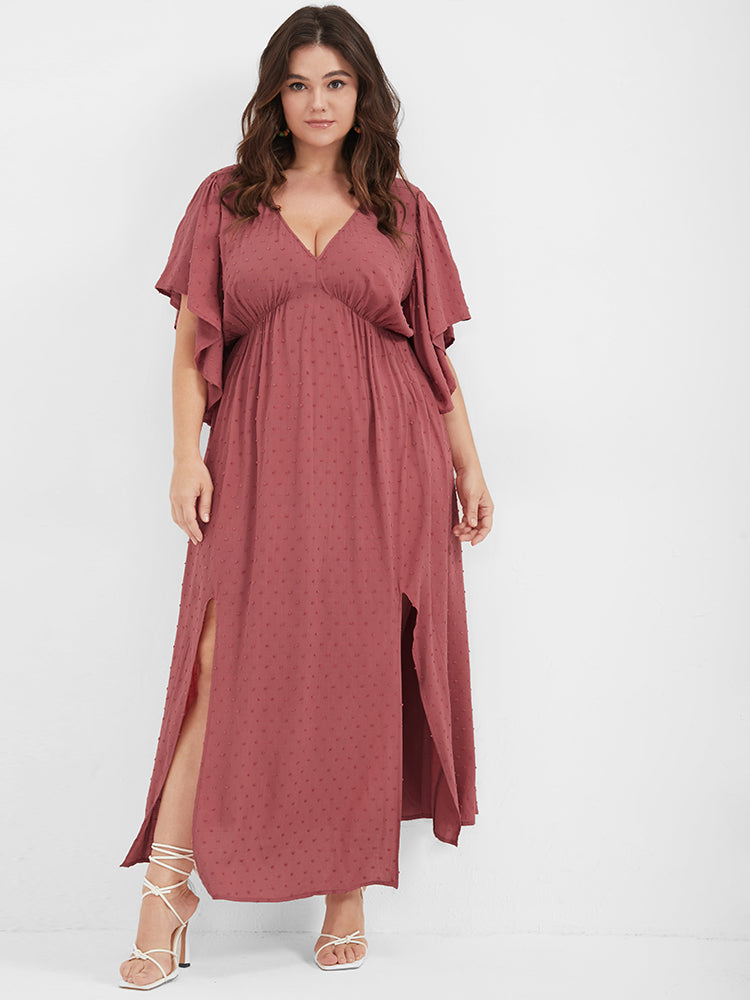 Solid V Neck Ruffles Split Embroidered Maxi Dress