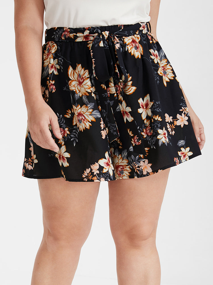 Floral Belted Pocket Elastic Waist  Shorts