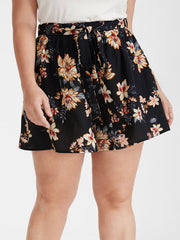 Floral Belted Pocket Elastic Waist  Shorts