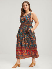 Floral Gathered Button Pocket Cami Maxi Dress