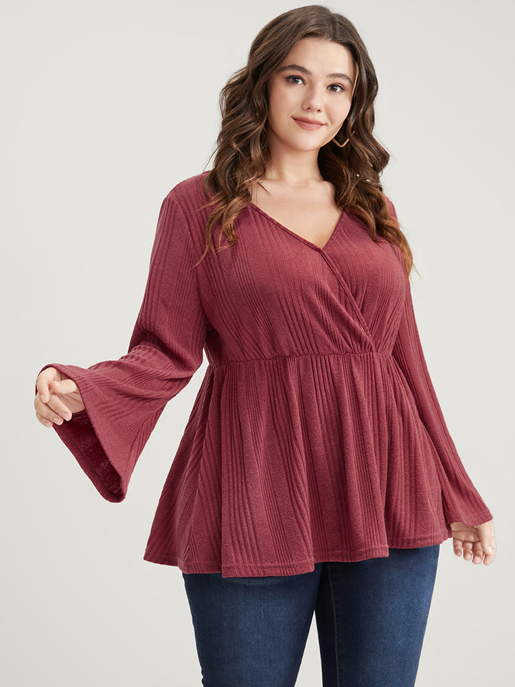 Solid Rib Knit Bell Sleeve Surplice Neck Long Tee