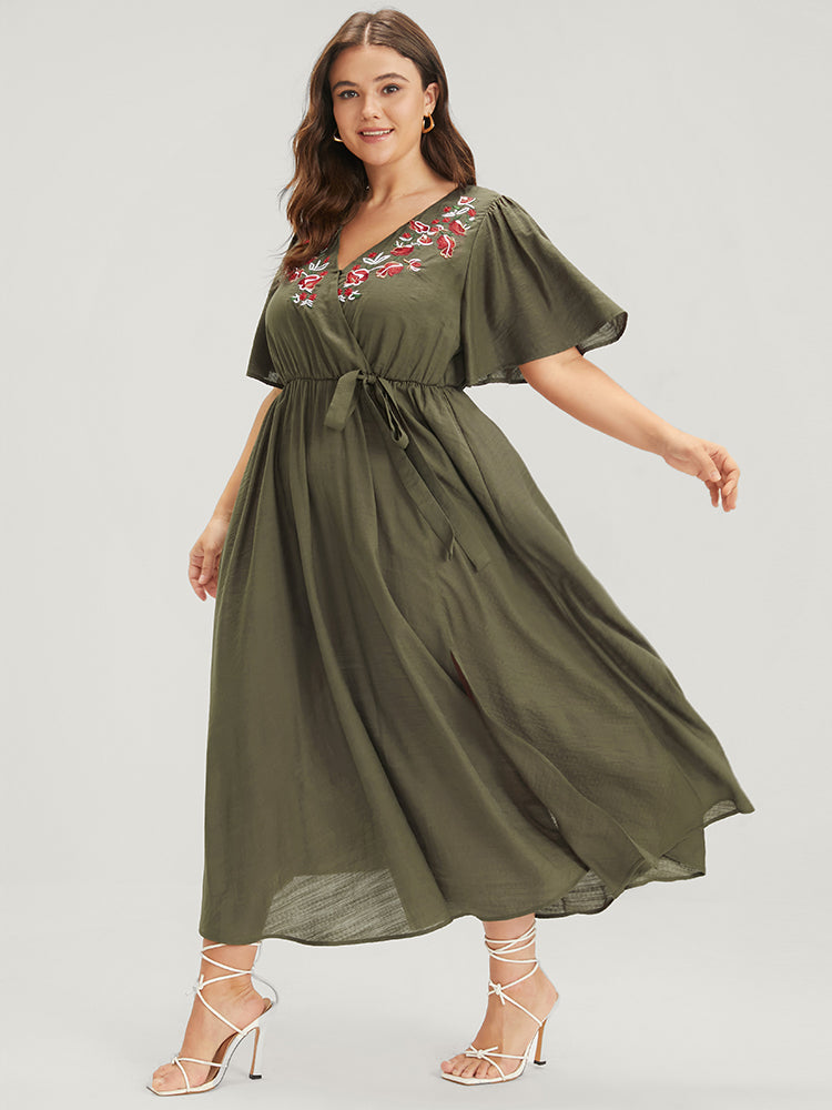 Solid Pocket Knotted  Embroidered Ruffles Hem Wrap Dress
