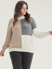 Colorblock Contrast Pointelle Knit Heather Mock Neck Knit Top