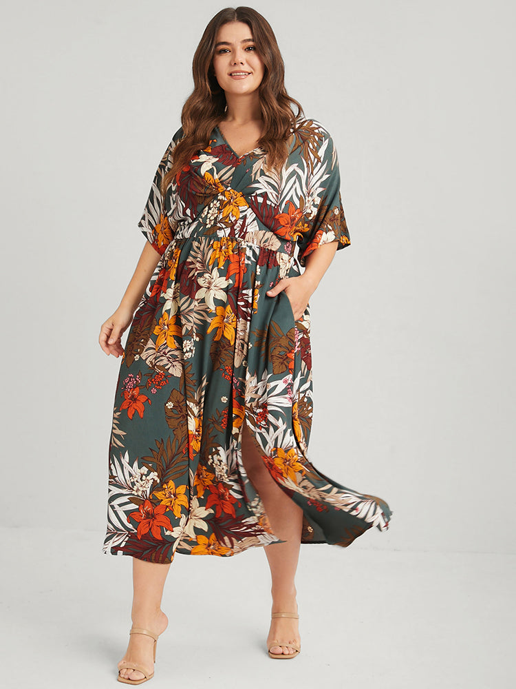 Floral V Neck Split Pleated Pocket Maxi Dress