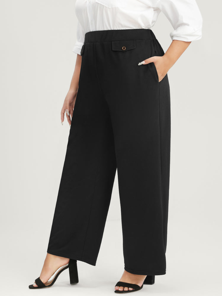 Solid Button Detail Elastic Waist Pocket Pants